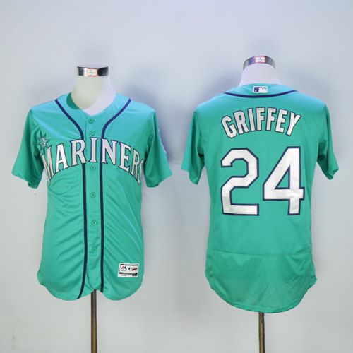 Mariners #24 Ken Griffey Green Flexbase Authentic Collection 2016 Hall Of Fame Patch Stitched MLB Jersey - Click Image to Close
